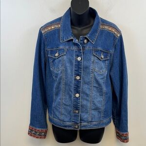 Baccini Classic Blue Denim Jacket With Orange Pink Jewel Embellishments Size XL